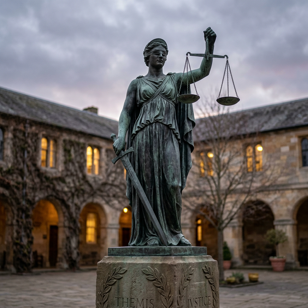 Statue of blindfolded woman holding scales and sword in courtyard